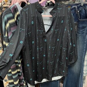 Black and Teal Patterned Women's Top